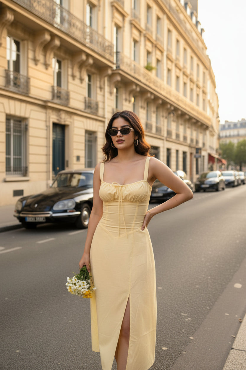 Aurora Corset Slit Yellow Dress