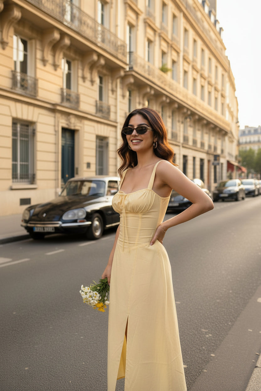 Aurora Corset Slit Yellow Dress