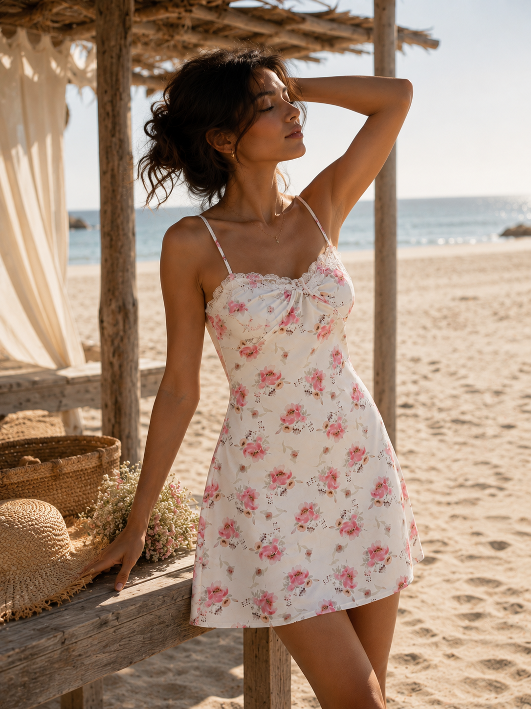 White Rose Print Mini Dress