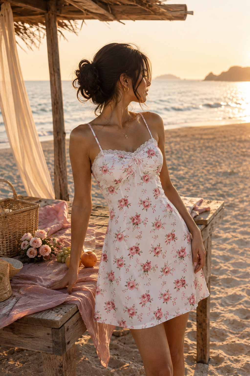 White Rose Print Mini Dress