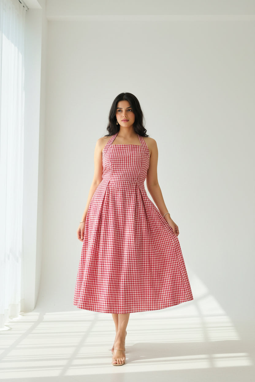 Crimson Gingham Halter Dress