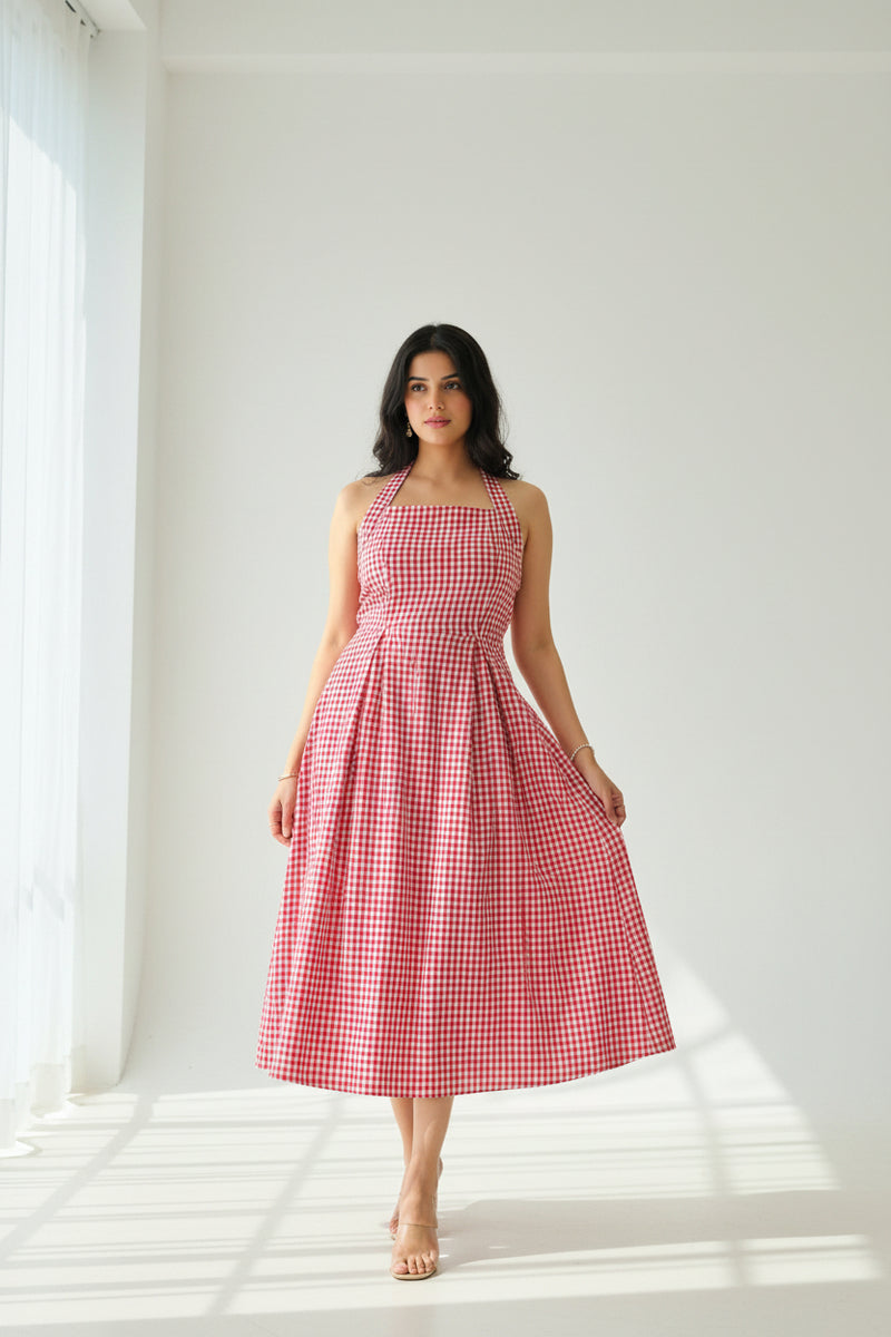 Crimson Gingham Halter Dress