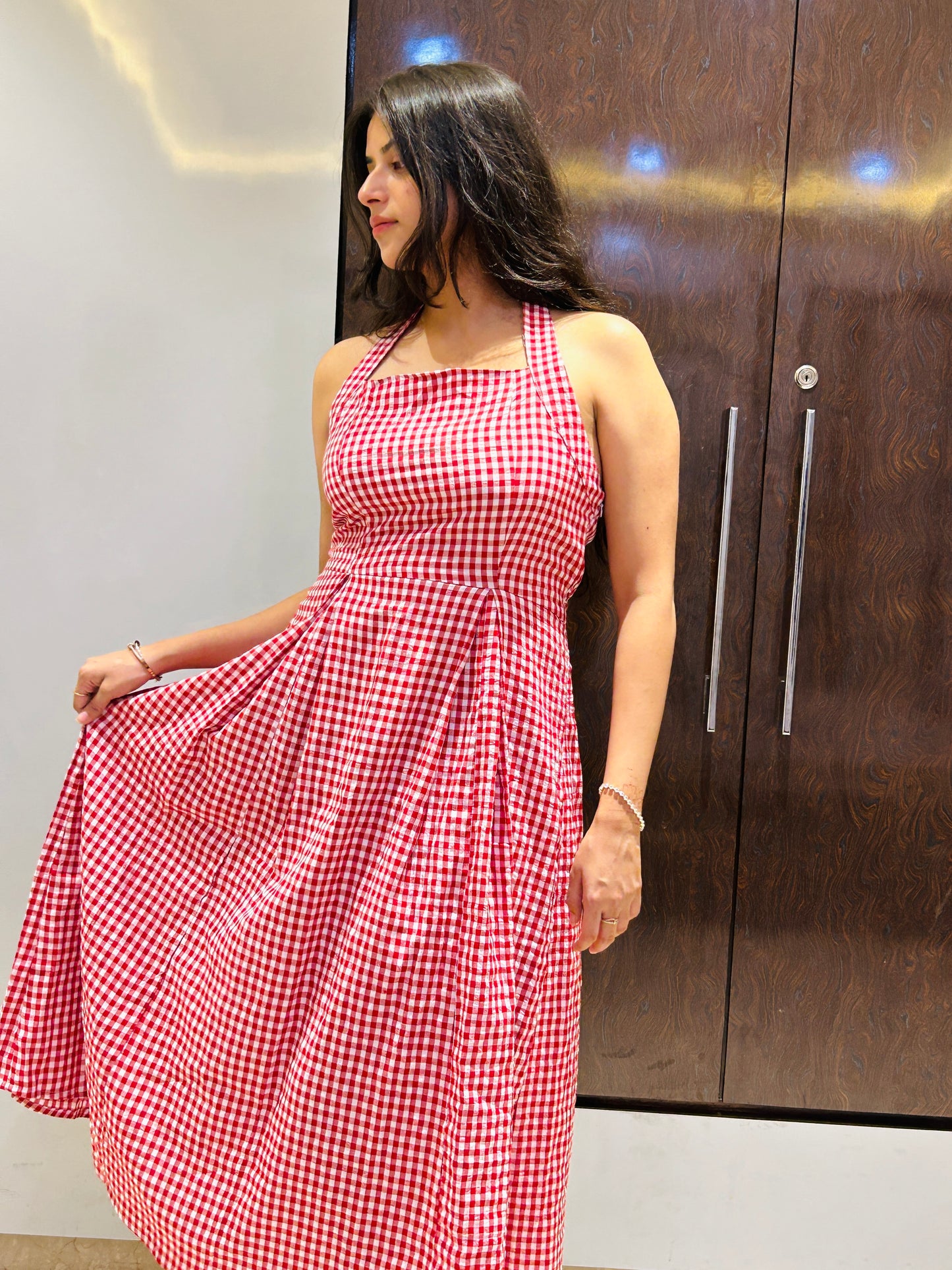 Crimson Gingham Halter Dress