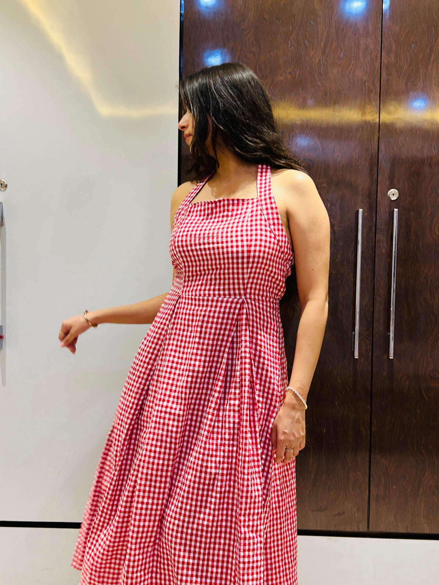 Crimson Gingham Halter Dress