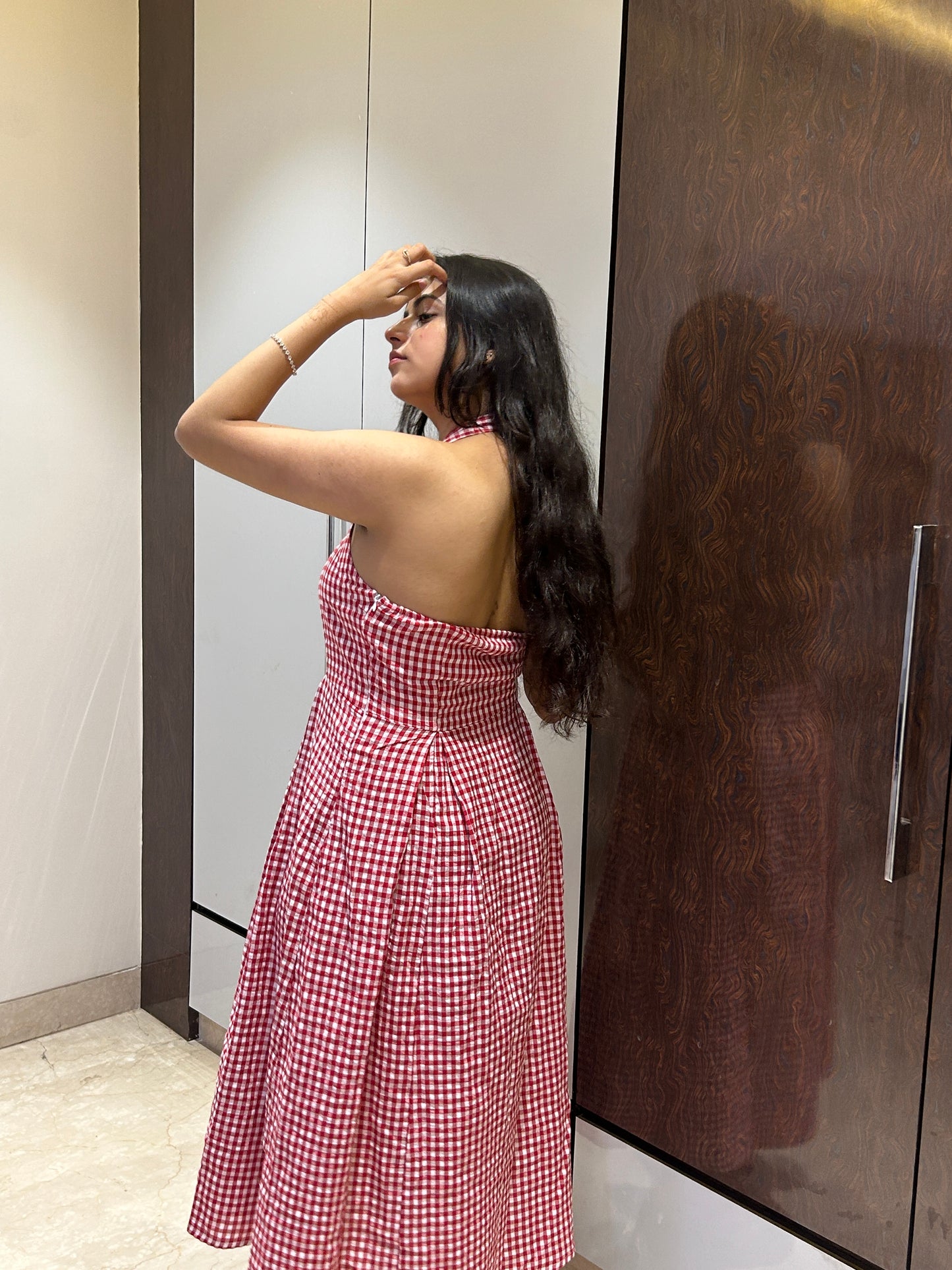 Crimson Gingham Halter Dress