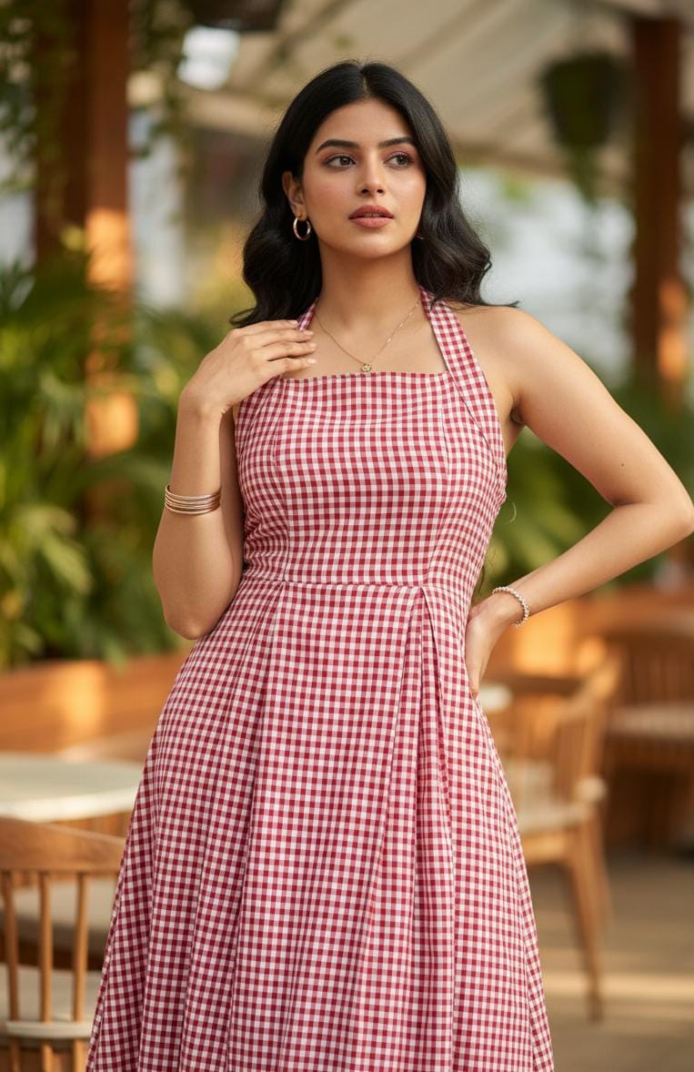 Crimson Gingham Halter Dress